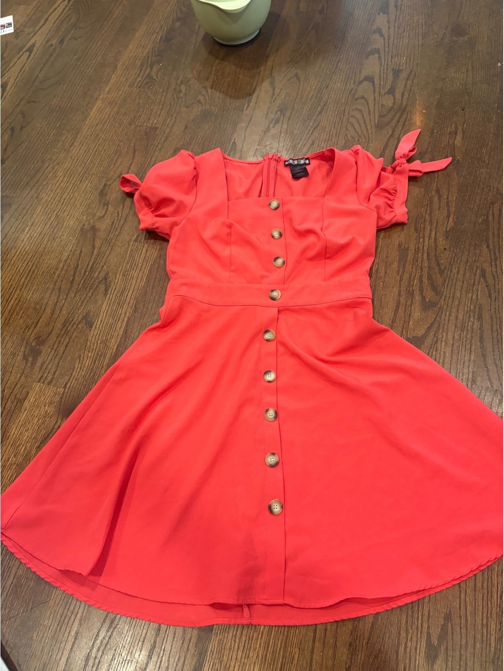 Paper Doll Red Button-Front Fit and Flare Dress with Tie Sleeves, Medium